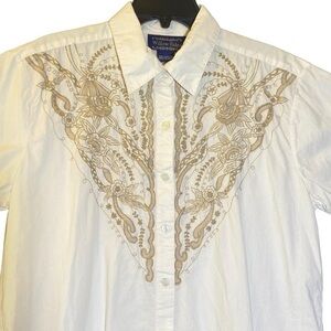 VINTAGE WILLOW RIDGE women L cotton Cream short sleeve embroidered button up top